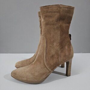 Aquatalia Renisa Mid Calf Boot Stacked Heel Weatherproof Whiskey Suede Size 10